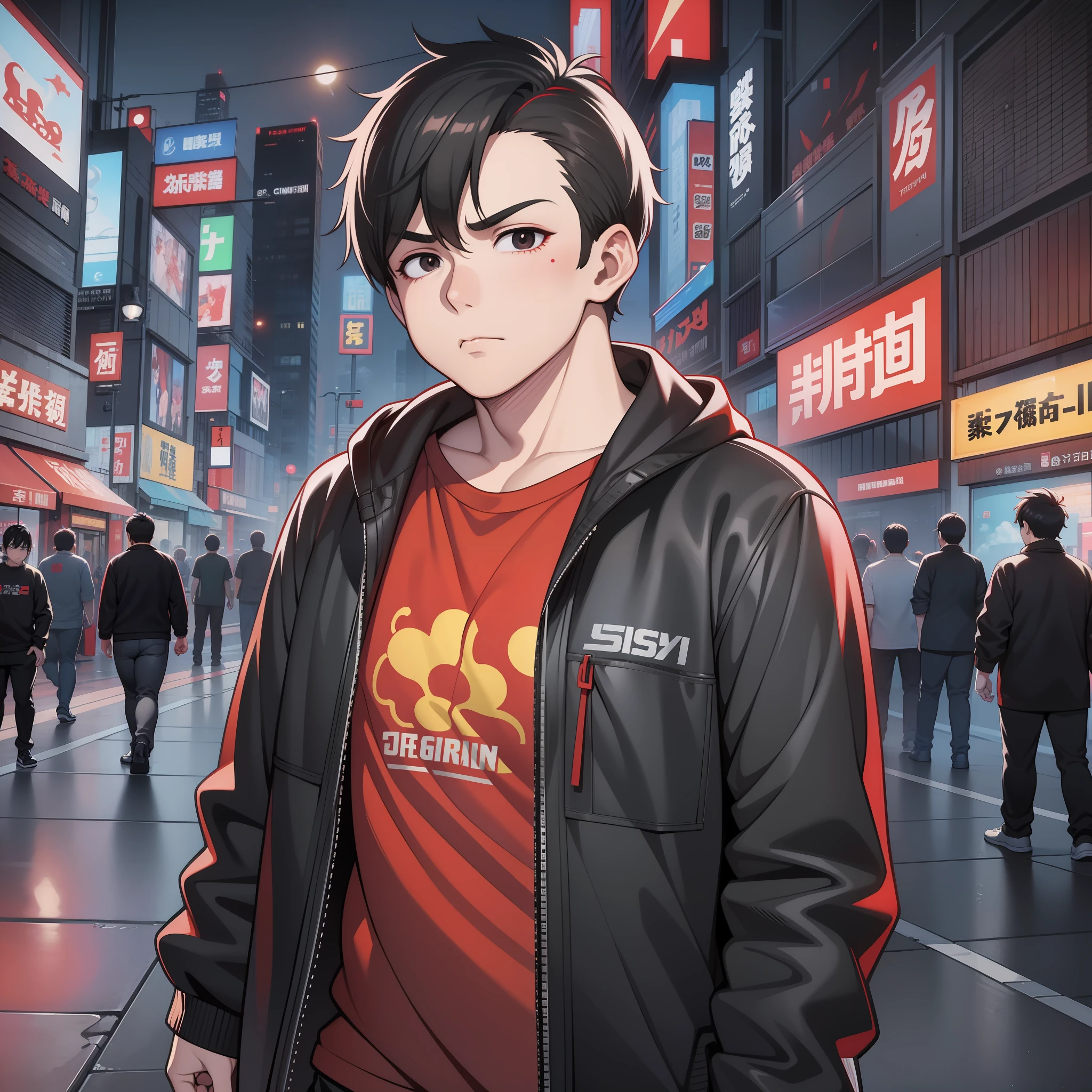 A Man, Obese: 1.2, Red T-shirt, Short Black Hair, Black Eyes, Walking City Streets at Night, GTA Chinatowon Art Style, inspired by Liam Wong, Pop in cgstation, Lofi Hip Hop, Kawacy, Inspired by Xi Gang, Tokyo Ghoul, Studio Trigger Anime, Official Art