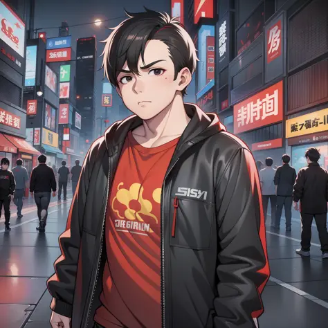 a man, obese: 1.2, red t-shirt, short black hair, black eyes, walking city streets at night, gta chinatowon art style, inspired ...