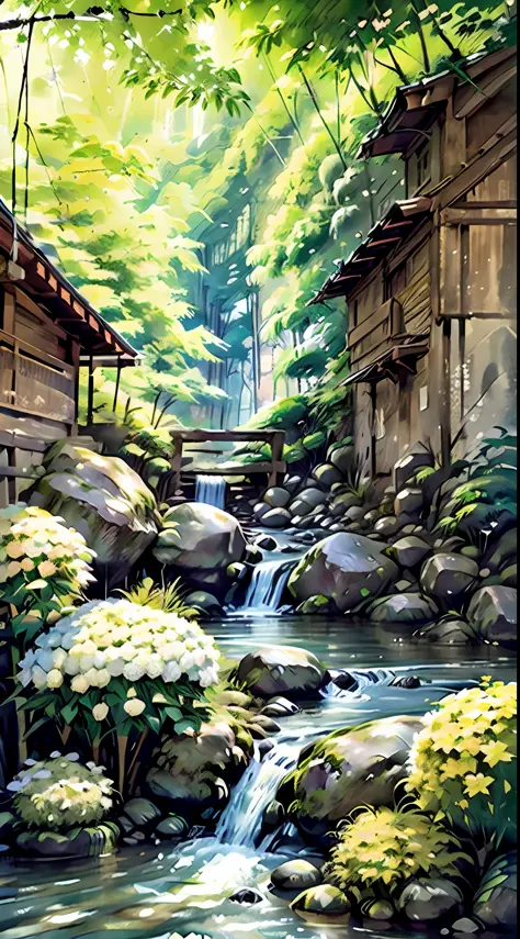 4k, June scenery, mountain, waterfall, river, bamboo grass, hydrangea, Ink painting