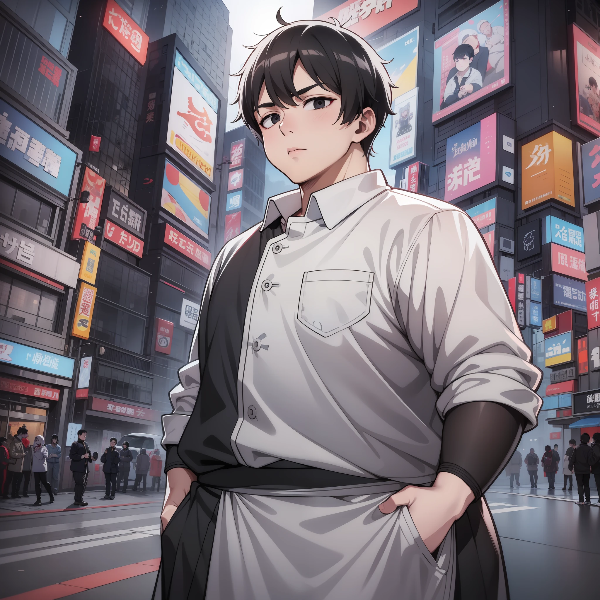 A Man, Obese: 1.2, White Chef Uniform, Short Black Hair, Black Eyes, Walking City Streets at Night, GTA Chinatowon Art Style, Inspired by Liam Wong, Pop in cgstation, Lofi Hip Hop, Kawacy, Inspired by Xi Gang, Tokyo Ghoul, Studio Trigger Anime, Official Art