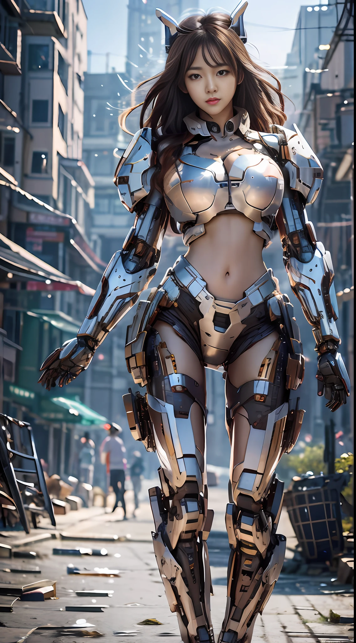 ( pureerosface_v1:0.5),mustee,Korean Doll,.Realistic photography,High quality,8k resolution,real photos,A mech girl with long hair,brown hair,medium breasts,,chinese girl,tight fitting,navel,shitu-mecha behind the girl,Magnificent and spectacular,full body,mysterious,photo by Brandon Woelfelmist,surreal dream,dynamic,lut,hdrmprofessional lighting,photon mapping,radiosity,physically-based rendering,delicate realism,araydynamic and expressive animations,.shitu-mecha,(Sunny day:1.2),(Afternoon on the street:1.1),Yellow Style,.