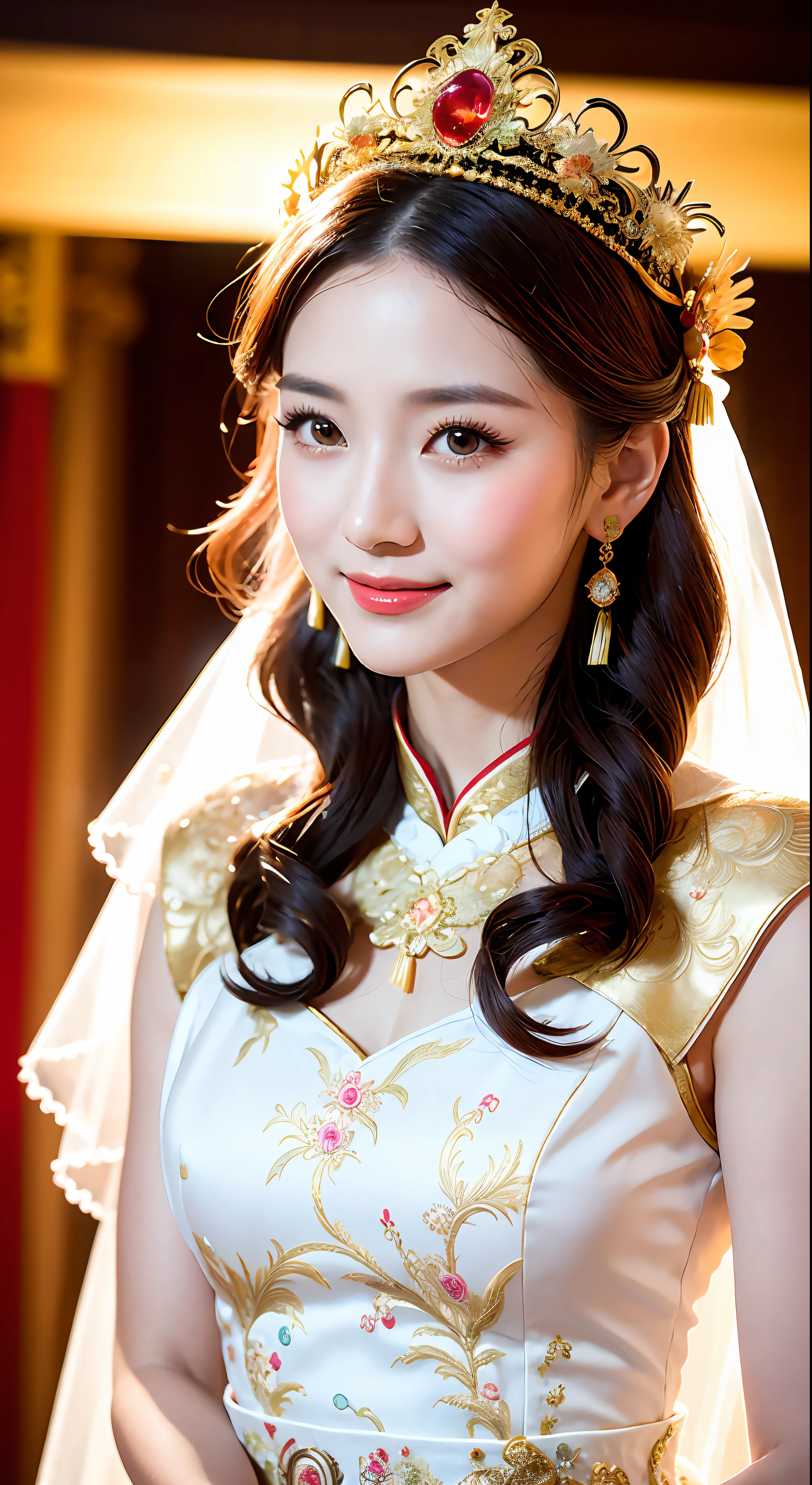 (8k, RAW-Foto, beste Qualität, Meisterwerk: 1.2), (Realistisch, Realistisch: 1.37), 1 Mädchen, regenbogenfarbenes Haar, Frau in weißem Kleid und Kopfschmuck, ((Hintergrund der Hochzeitsszene: 1.5)), wunderschönes Cosplay, Schöne Kostüme, chinesische kleider, Aufwendige Kleider, aufwendige Kostüme, traditionelle Schönheit, wunderschöne chinesische Modelle, Chinesische Kostüme, In wunderschönen Kostümen, Wearing elegant Chinese xiuhe kleid, Chinesisches Hochzeitskleid, Phönixkrone Xia Vorhänge, Braut im antiken Stil, xiuhe kleid, Nahaufnahme, Nahaufnahme, Kopf mit Phönixkrone, lächeln, Kleid mit Drachen- und Phönixstickerei