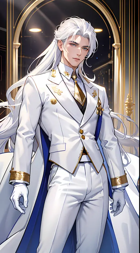 masterpiece, highest quality, ethereal,1guy, solo, voluminous white hair, neon white eyes, porcelain skin, long hair, wearing wh...