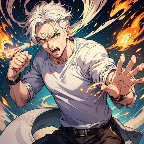 1 man, handsome, white shirt, white hair, golden pupils, running, hands open, teeth, fists, whole body: 1.2, anger: 1.2, surroun...