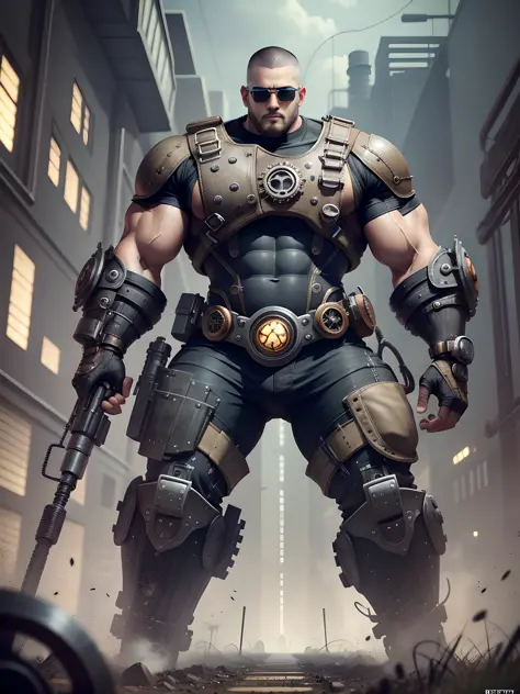 Male in the Heath, tall burly, dark black tights, big muscles, big bumps, Buzz cut, black sunglasses, black military boots, buzz cut, steampunk style, steampunk art, complex mechanical devices such as gears, pipes, valves, (huge industrial building: 1.4), ...