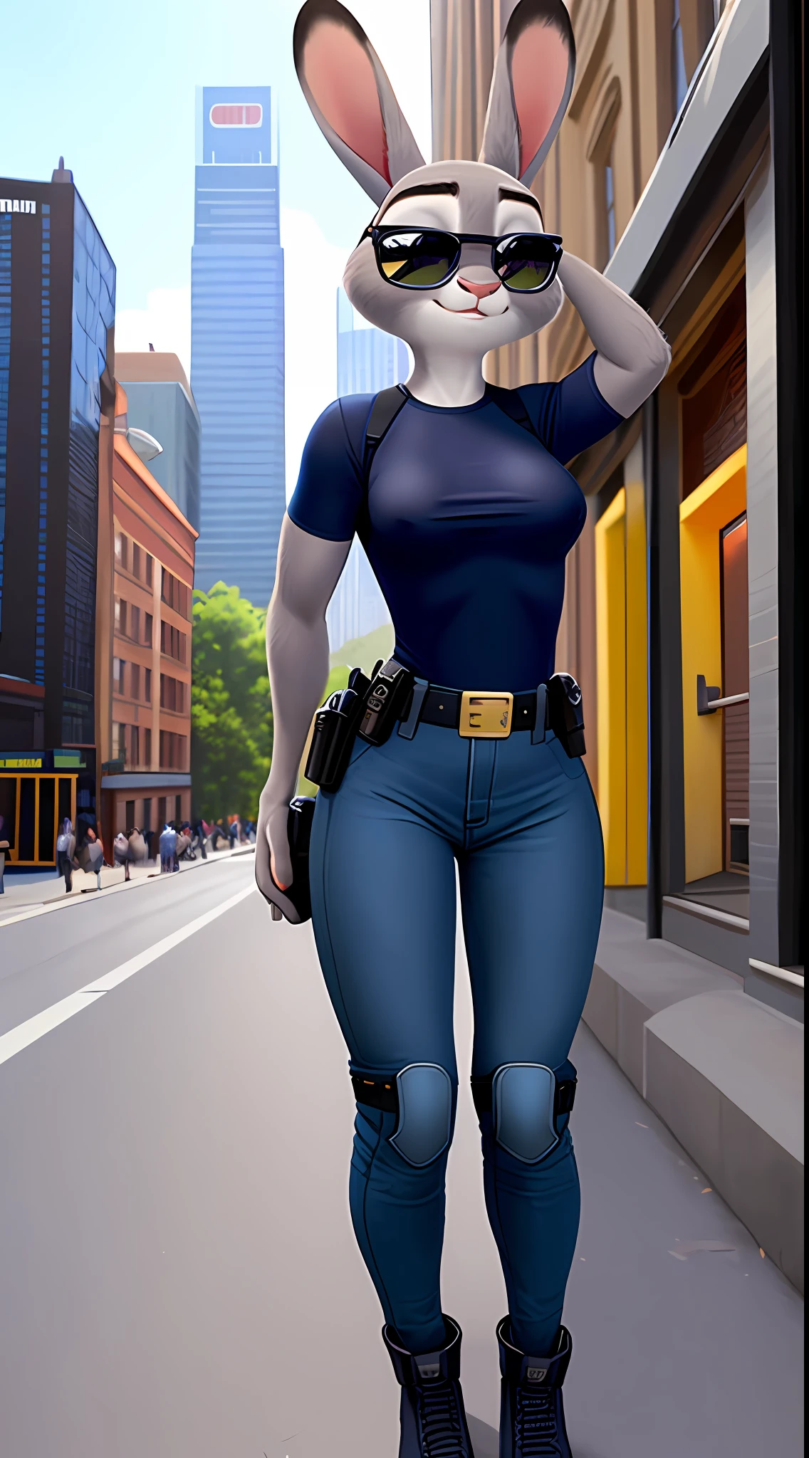 Cartoon rabbit in a blue shirt and jeans standing on a city street - SeaArt  AI