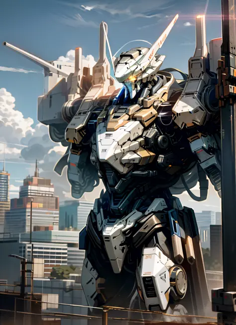 sky, cloud, holding_weapon, no_humans, glowing, , robot, building, glowing_eyes, mecha, science_fiction, city, realistic,mecha