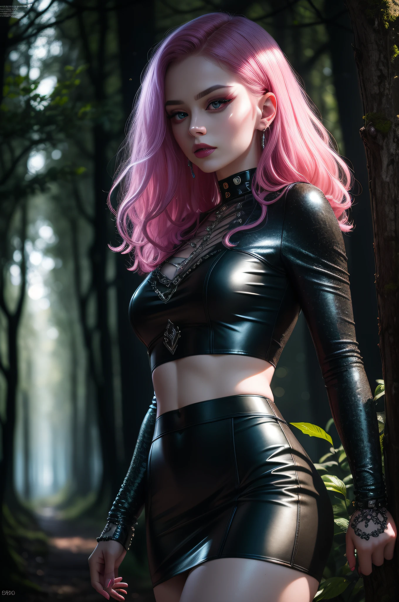 Super sexy Anna standing in a dark forest, decadent atmosphere, dramatic and dense clouds, short dark pink hair, natural pale skin texture, wet skin, iridescent silver jewelry, tight transparent cyberpunk crop top, short skirt, jewels photorealistc, photography, (high resolution), (photorealistic:1.4), (extremely intricate), (exquisitely detailed), highly detailed, highres, original, extremely detailed 8K wallpaper, best quality, detailed face, ultra-detailed, raw photo, realistic, erotic, gothic