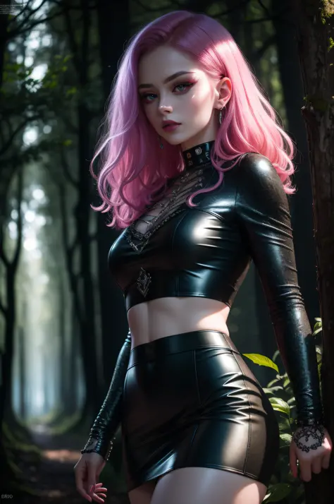 Super sexy Anna standing in a dark forest, decadent atmosphere, dramatic and dense clouds, short dark pink hair, natural pale sk...