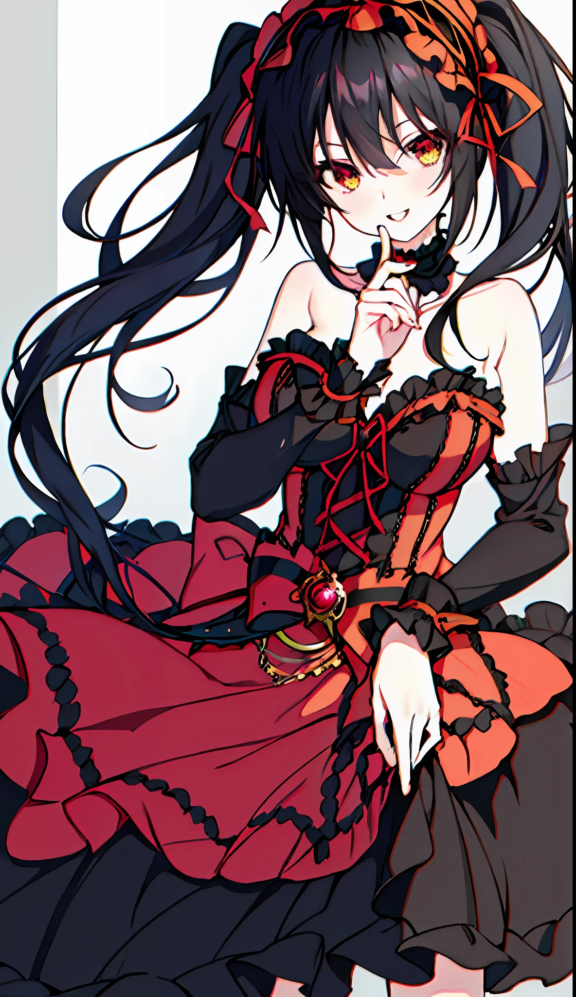 1 beautiful girl, masterpiece, top quality, 8K anime, 1 girl, detailed fingers, precise fingers, not unnatural hands, odd eyes, black hair twin tails, kurumi tokizaki, large breasts,