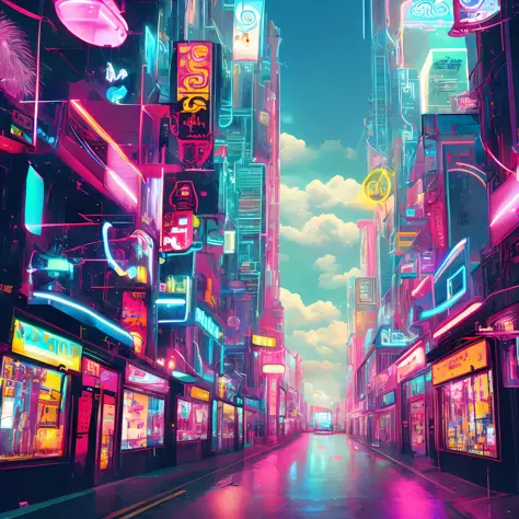 heaven, if it's cyberpunk, volume, neon, clouds, bright lights, angelic, beautiful landscapes