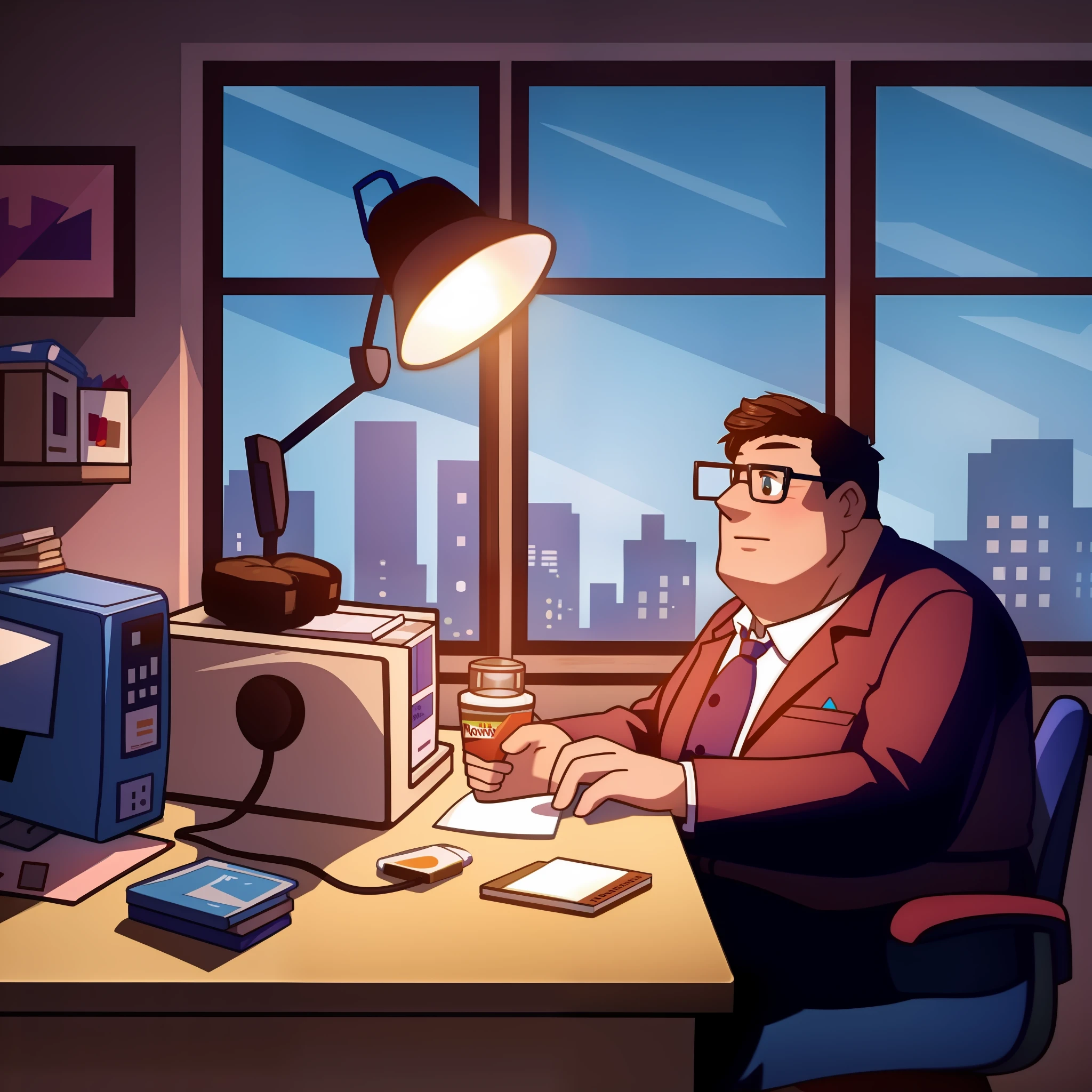 Fat gentle Caucasian man working overtime until midnight