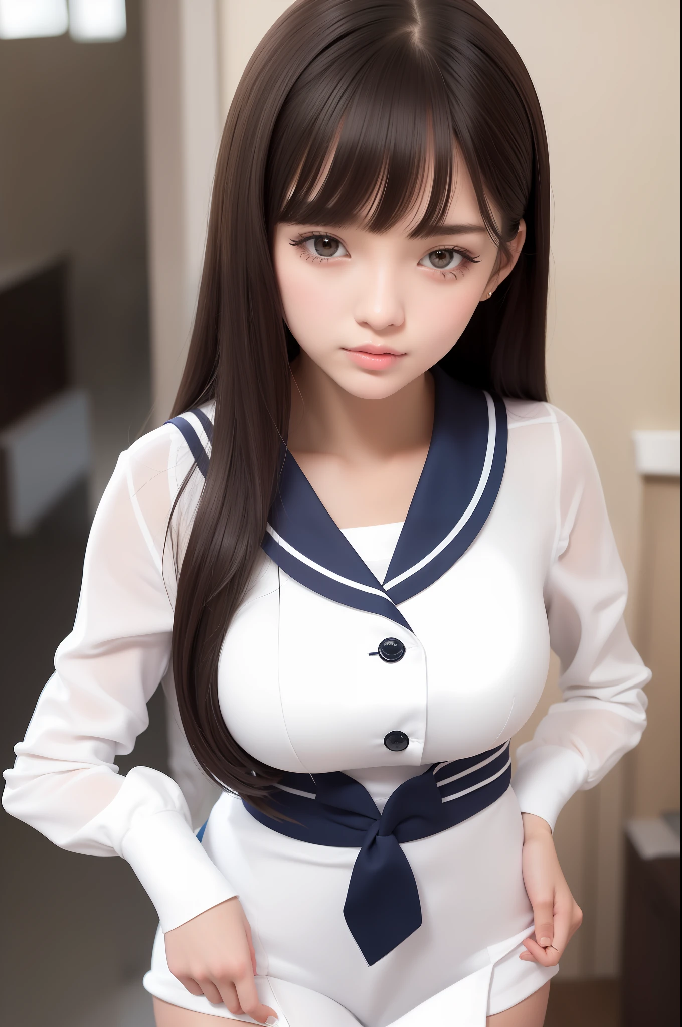 Sailor school uniform, sexy and very beautiful face, eyeliner, shiny skin, bangs between eyes, shiny shiny beautiful silky bright dark blonde straight long hair, sexy 16 years old, beautiful pretty hazel eyes, beautiful and nice pretty girl, big breasts