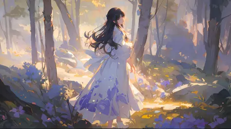 painting of a woman in a white dress walking through a forest, beautiful anime artwork, beautiful anime art, beautiful character painting, painted in anime painter studio, guweiz on artstation pixiv, guweiz on pixiv artstation, by Yang J, made with anime p...