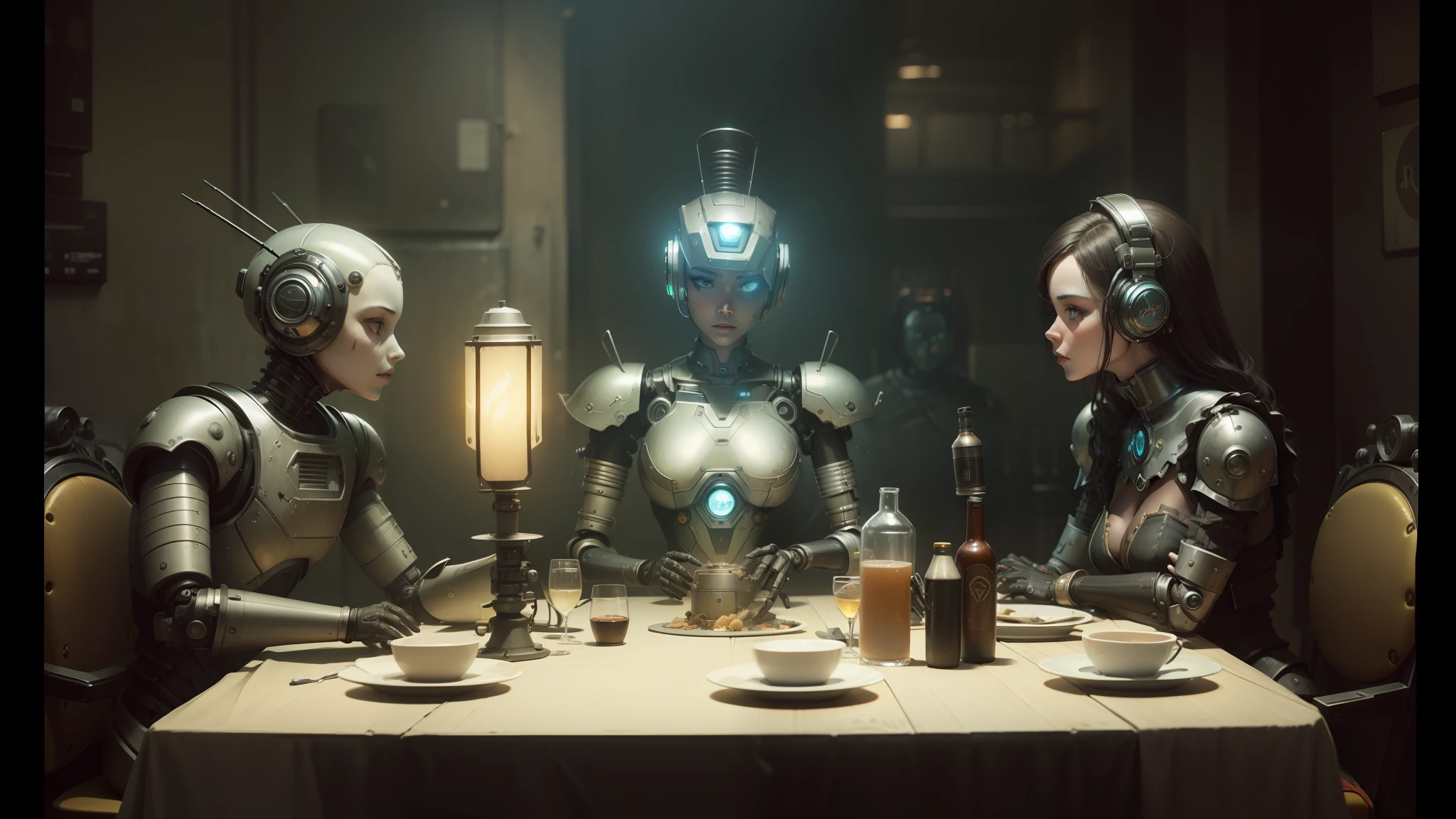 A group of people sitting around a table with a robot on it - SeaArt AI