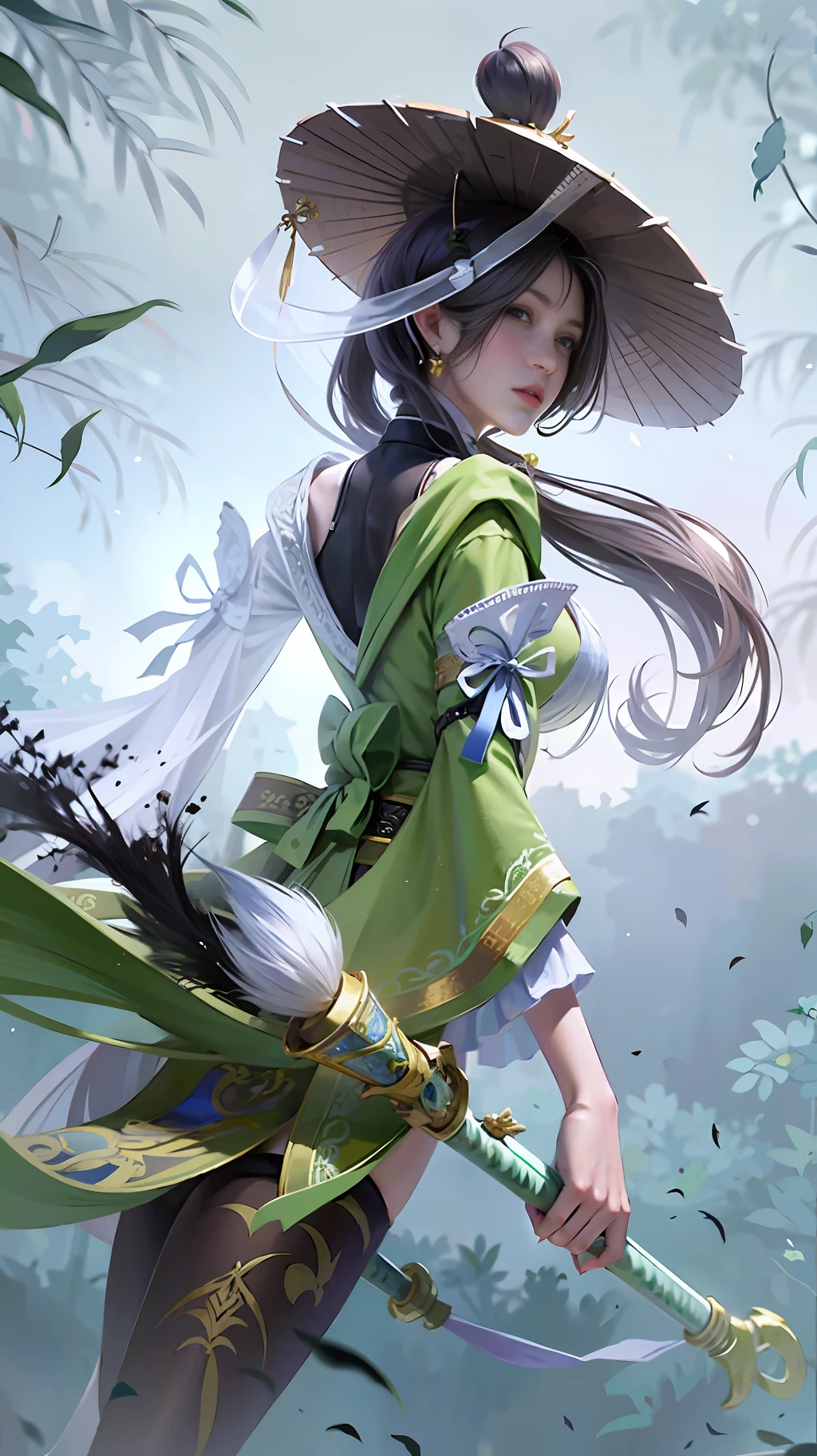 Anime girl with a hat and a sword in a forest - SeaArt AI