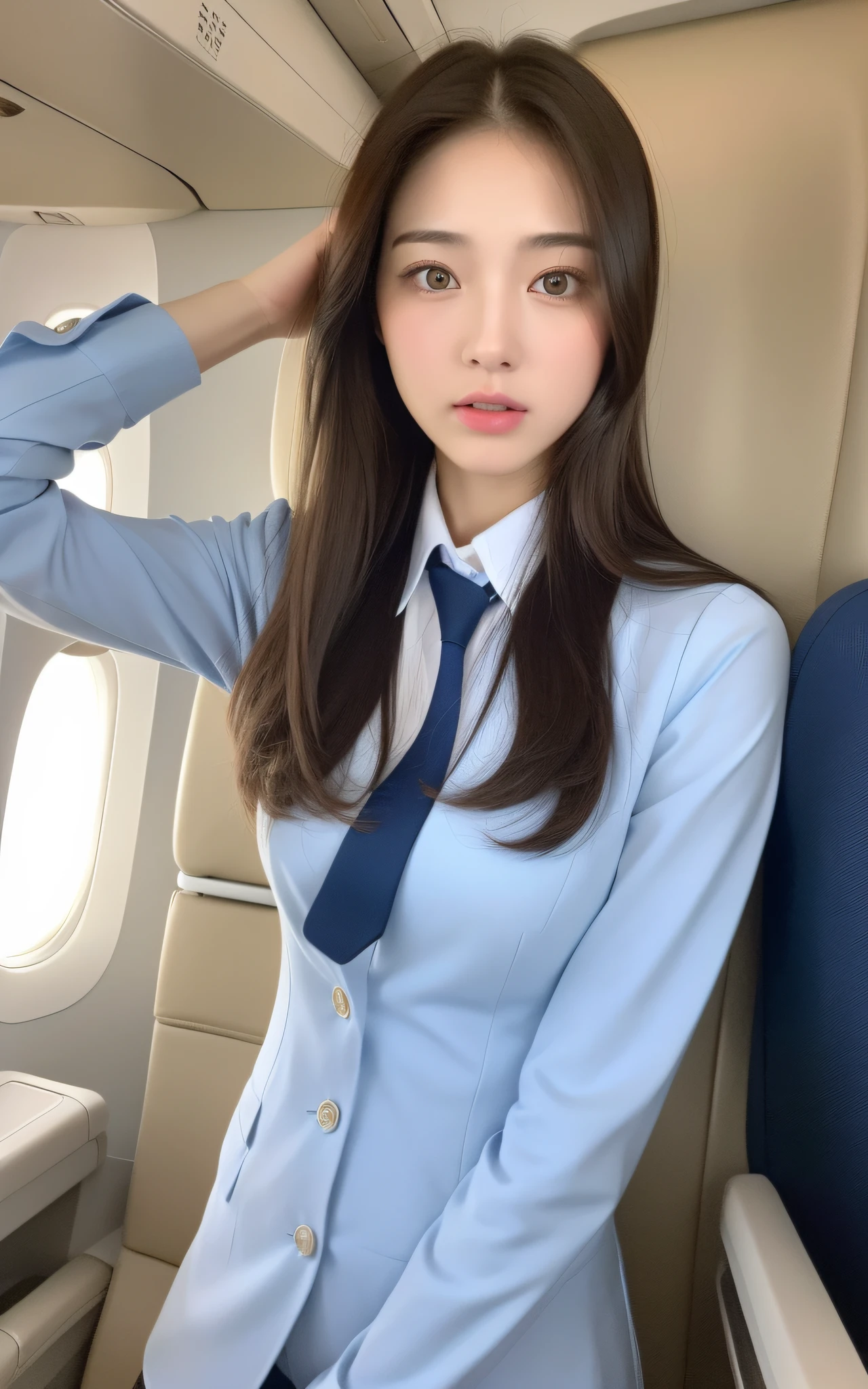 Top Quality, Masterpiece, 8K, Ultra High Definition, (Photorealistic: 1.4), 1 Girl, Beautiful Face, Symmetrical Eyes, Big, Perfect Body Proportions, Stewardess Uniform, Viewer's Look, (Inside the Airplane: 1.2), Front View, Shoulder Jump, Absolute Area (1.3),