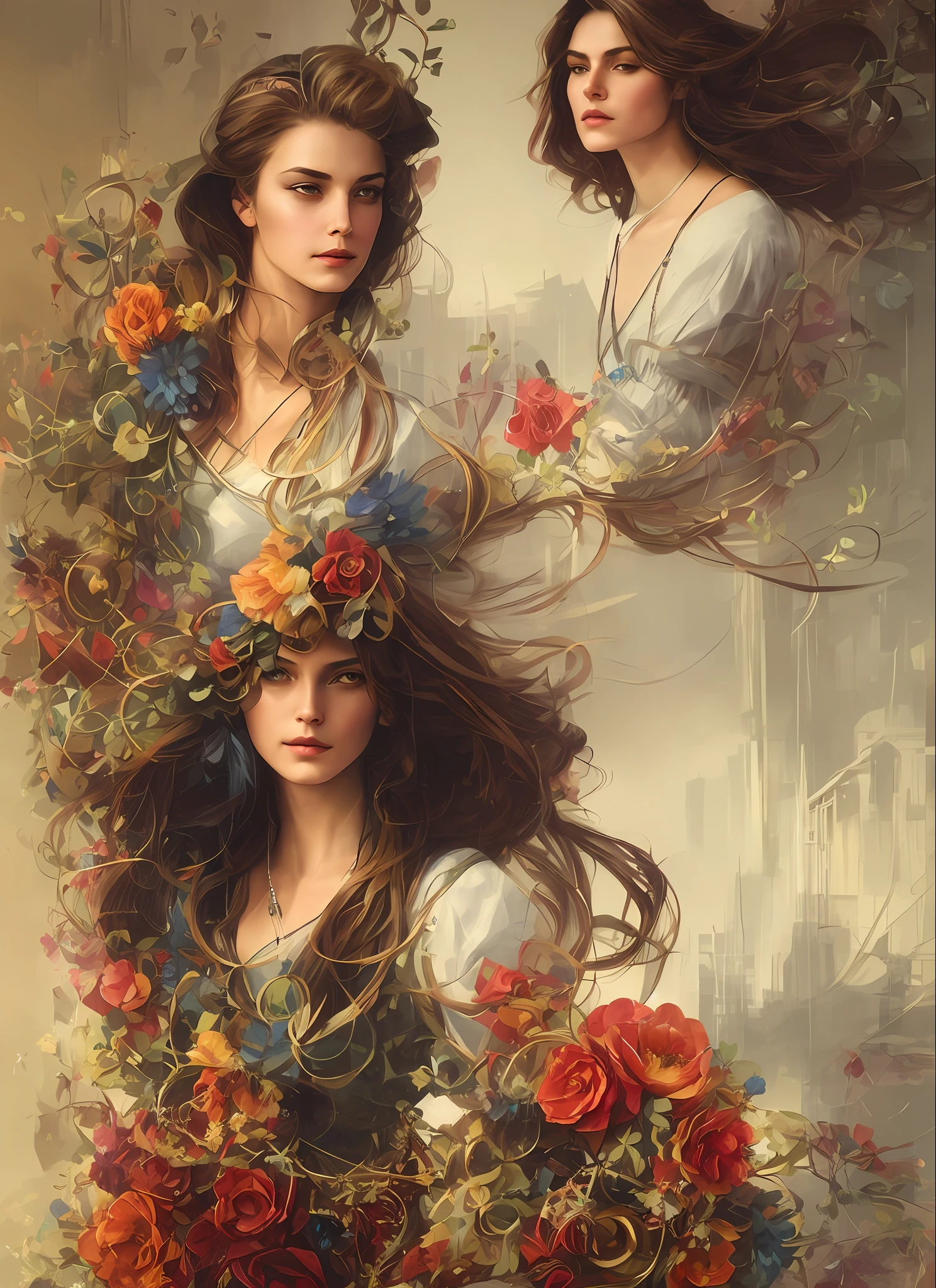 Charlie Bowater's realistic lithograph portrait of a woman,(((((show in another pose)))) flowers, [gears], pipes, dieselpunk, multicolored ribbons, old paper texture, highly detailed