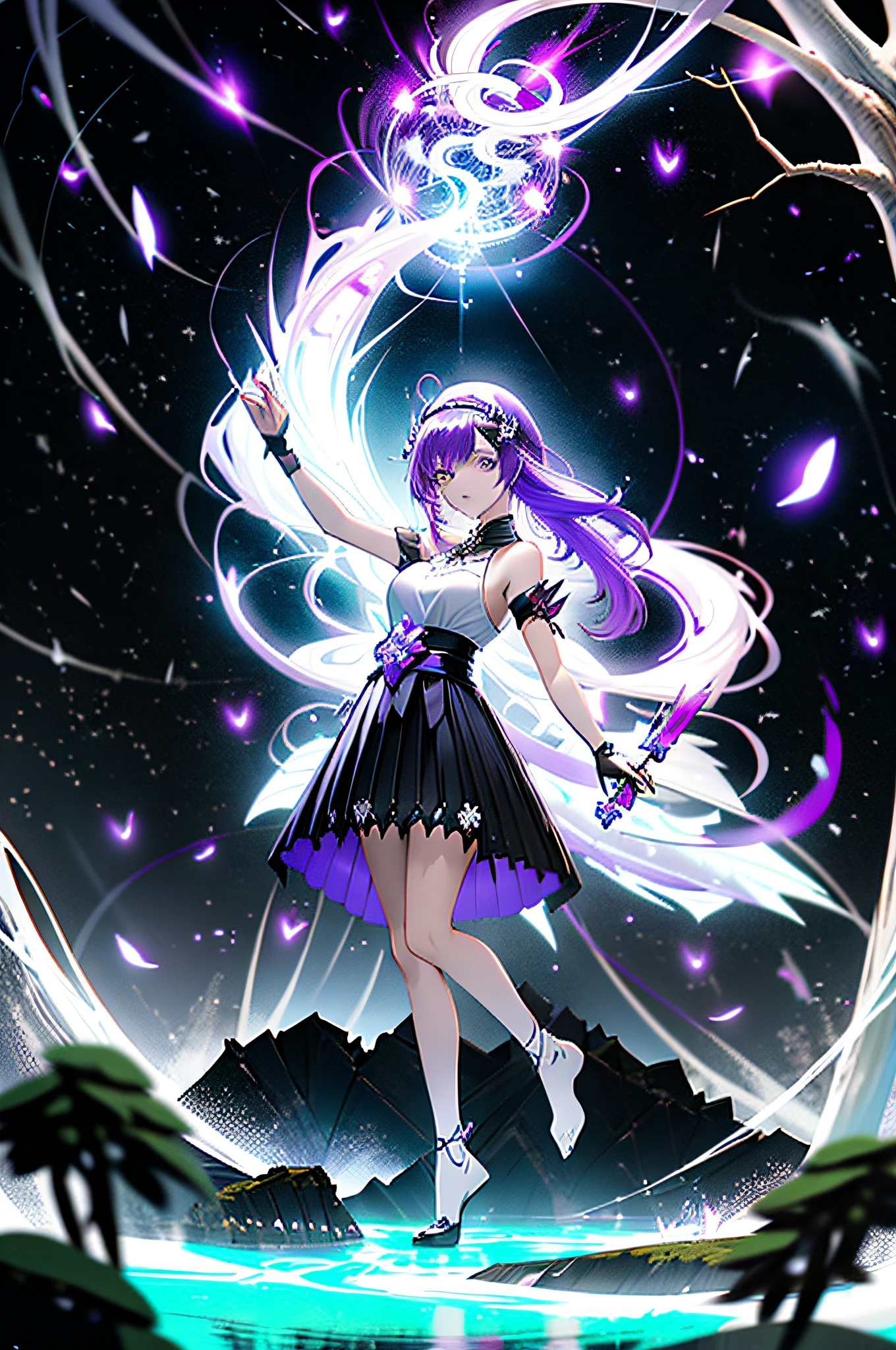 (KComic:1.2), detailed background, masterpiece, best quality, 1girl, white spirit, red hair, hair pipe, headband, purple eyes, unconventional miko, forest full of purple and white trees, fireflies, water, purple theme, white theme, mystical, magical, ultra-wide angle, dynamic movement, concept art