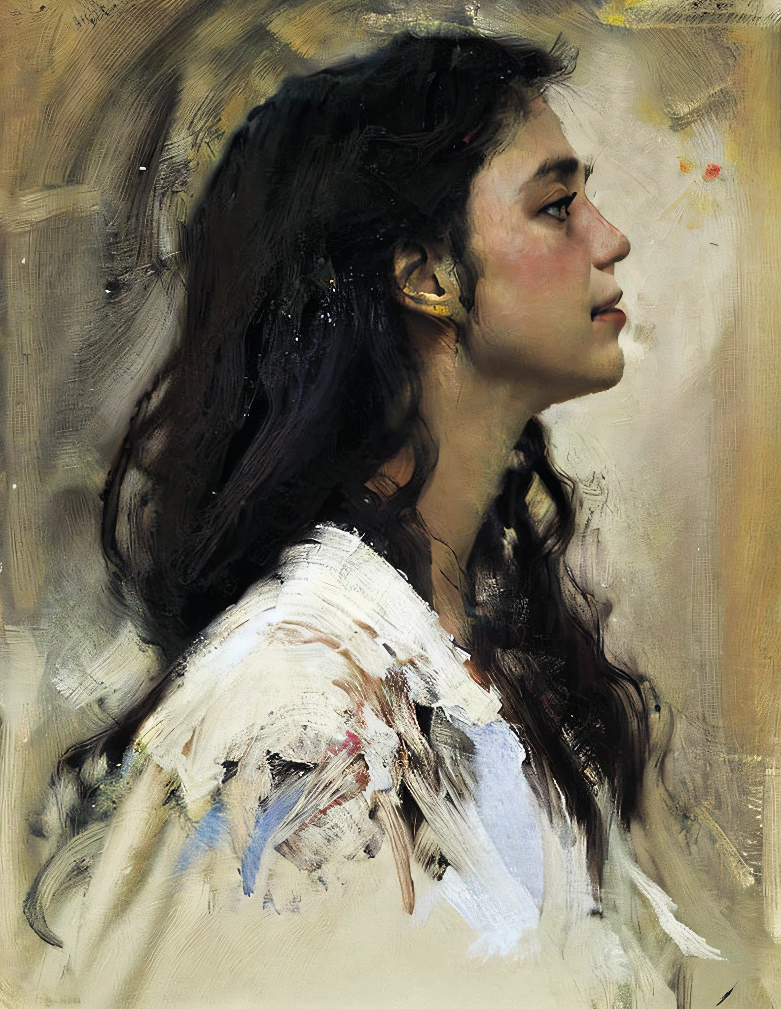 sargent,mucha, Rey,tela, 1 chica, pelo negro, pelo largo, Realista, perfil, labios, boca cerrada, camisa,