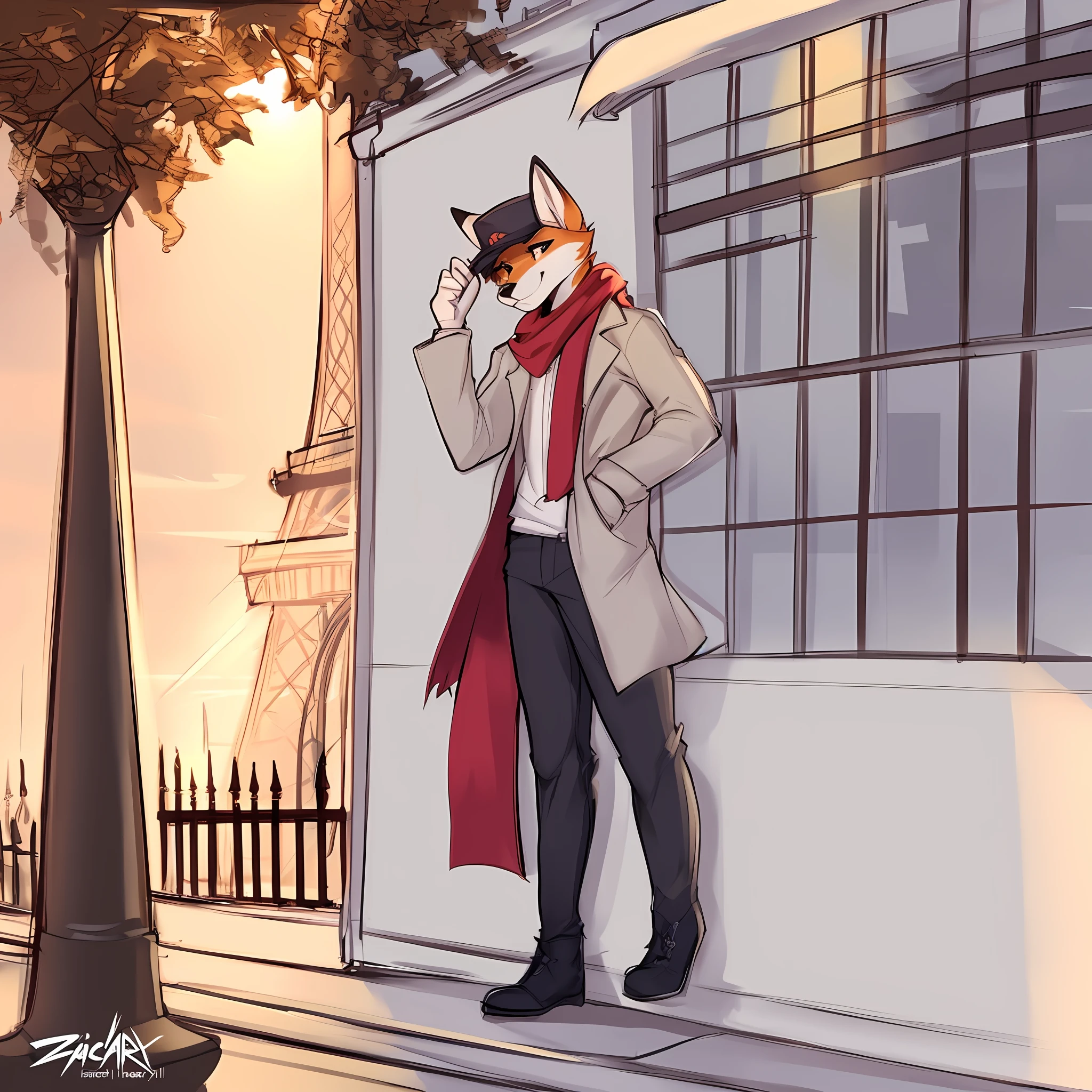 thin male solo cartoon fox by zackary911 wearing clothes sunlit people in background Paws instead of hands and feet paws visible Paris Eiffel tower in background Smiling scenic daytime, fox tail, trench coat, flat cap, scarf short pencil drawn sketch colored, blue khakis, medium height, black boots, Cigarette, smoking, Seinne, leaning against lampost, midday