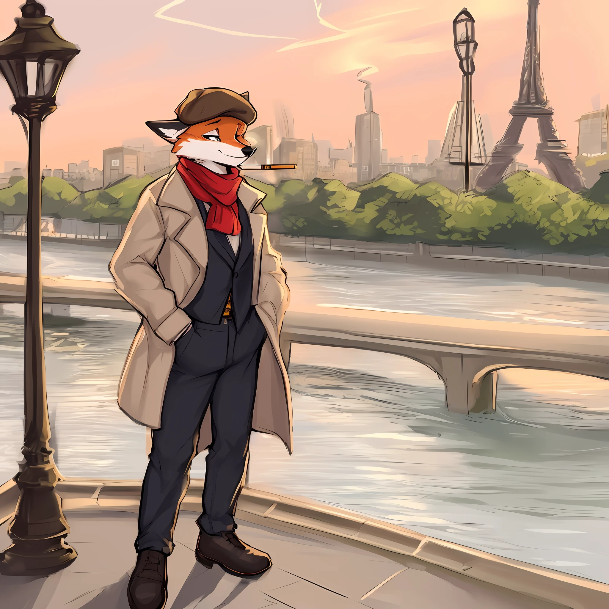 thin male solo cartoon fox by zackary911 wearing clothes sunlit people in background Paws instead of hands and feet paws visible Paris Eiffel tower in background Smiling scenic daytime, fox tail, trench coat, flat cap, scarf short pencil drawn sketch colored, blue khakis, medium height, black boots, Cigarette, smoking, Seine river, leaning against lampost, midday