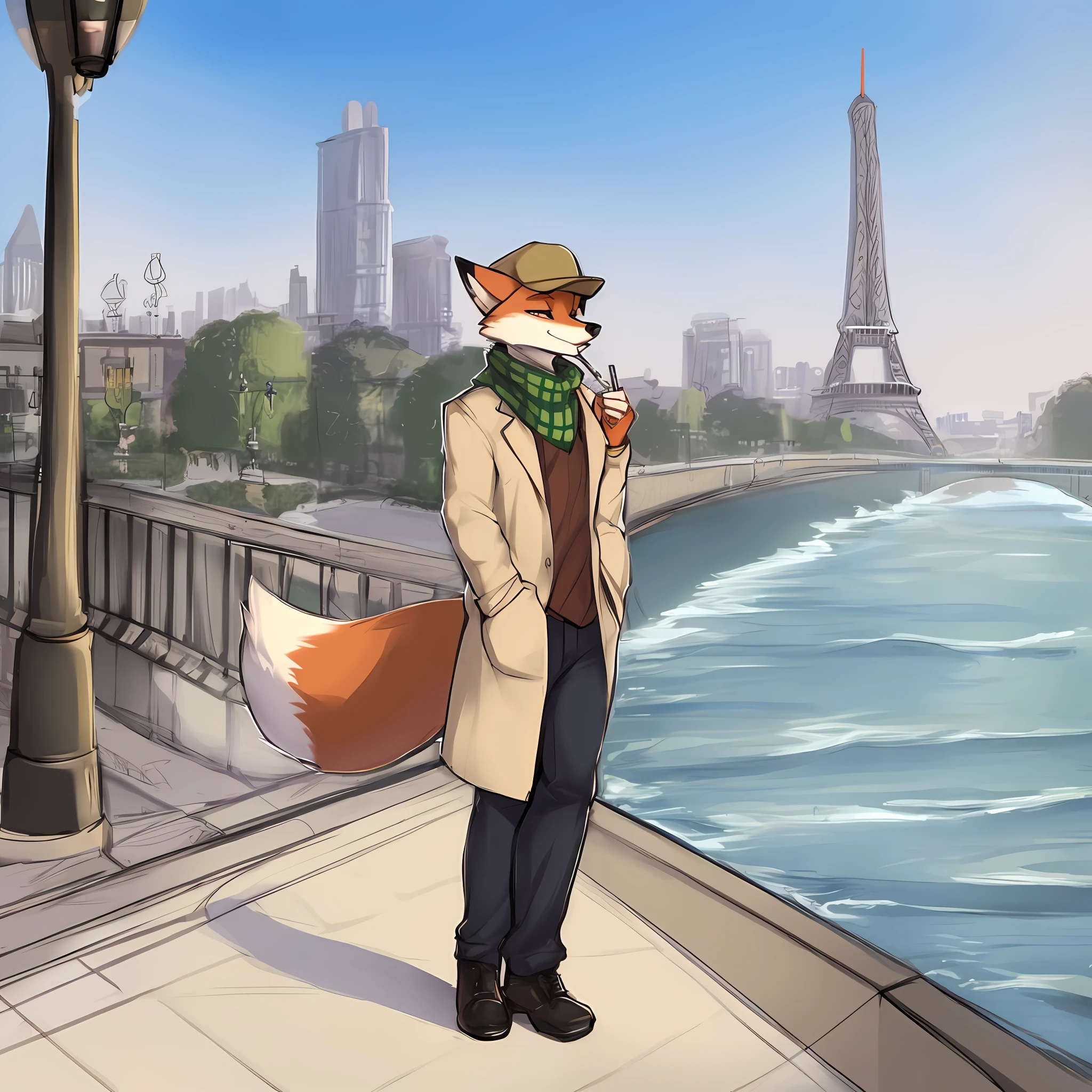 thin male solo cartoon fox by zackary911 wearing clothes sunlit people in background Paws instead of hands and feet paws visible Paris Eiffel tower in background Smiling scenic daytime, fox tail, trench coat, flat cap, scarf short pencil drawn sketch colored, blue khakis, medium height, black boots, Cigarette, smoking, Seine river, leaning against lampost, midday, smoke coming off cigarette, lamppost