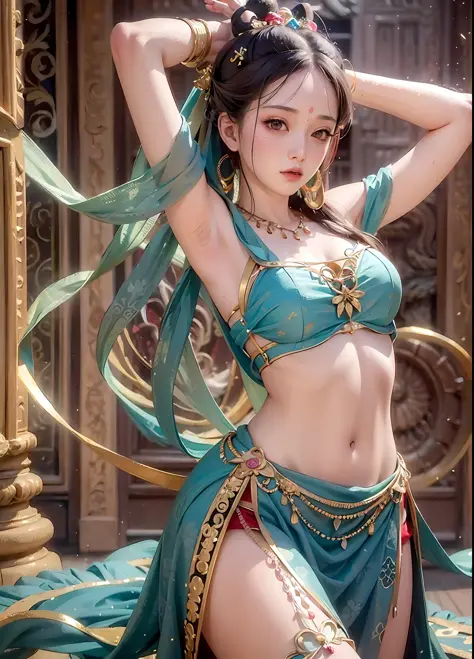A girl, ((masterpiece)), (Dunhuang), ((half-body picture)), simple background, delicate makeup, dancing, complex poses,