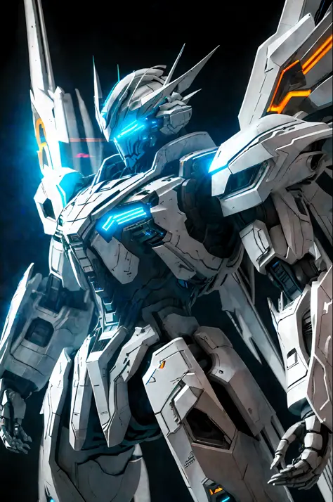 1. Gundam robot crouching, glowing blue eyes, glowing armor, glowing energy lines, white mechs, wings, massive, cannon, (reflect...