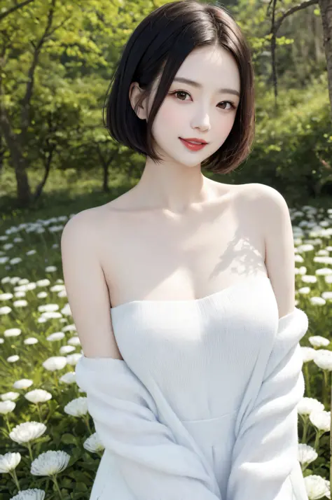 a japanese woman stands in a park where white clover blooms all around, a forest can be seen in the background, exquisite and be...