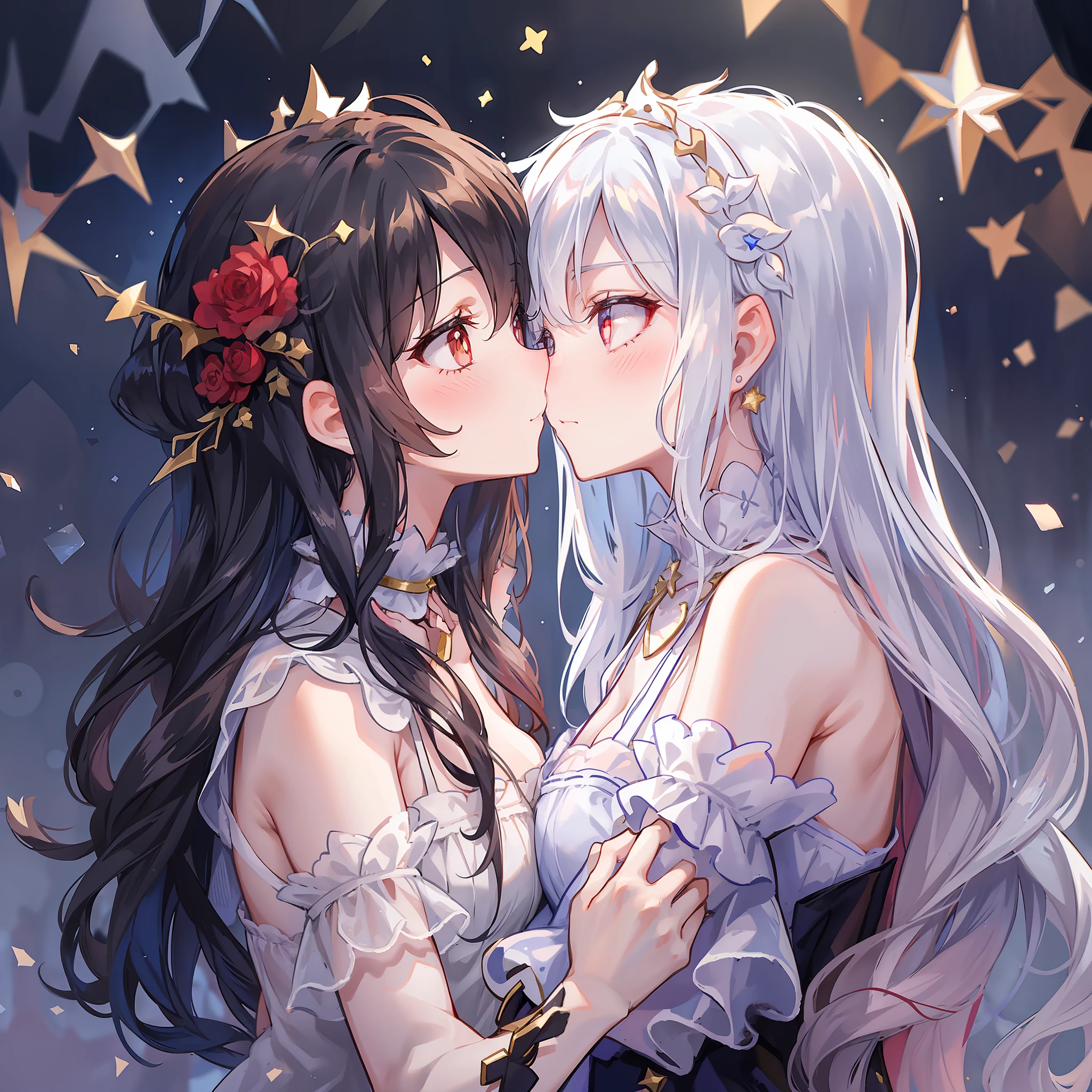 Anime couple kissing in front of stars and confetti - SeaArt AI