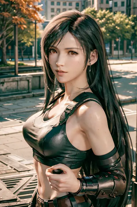 (masterpiece), (best quality), 8k resolution, ultra-detailed, hyper-detailed, realistic, photograph, photorealism, (1girl), Tifa, final fantasy, Tifa Lockhart, sun light, cinematic, cool pose, black hair, D cup, perfect body
