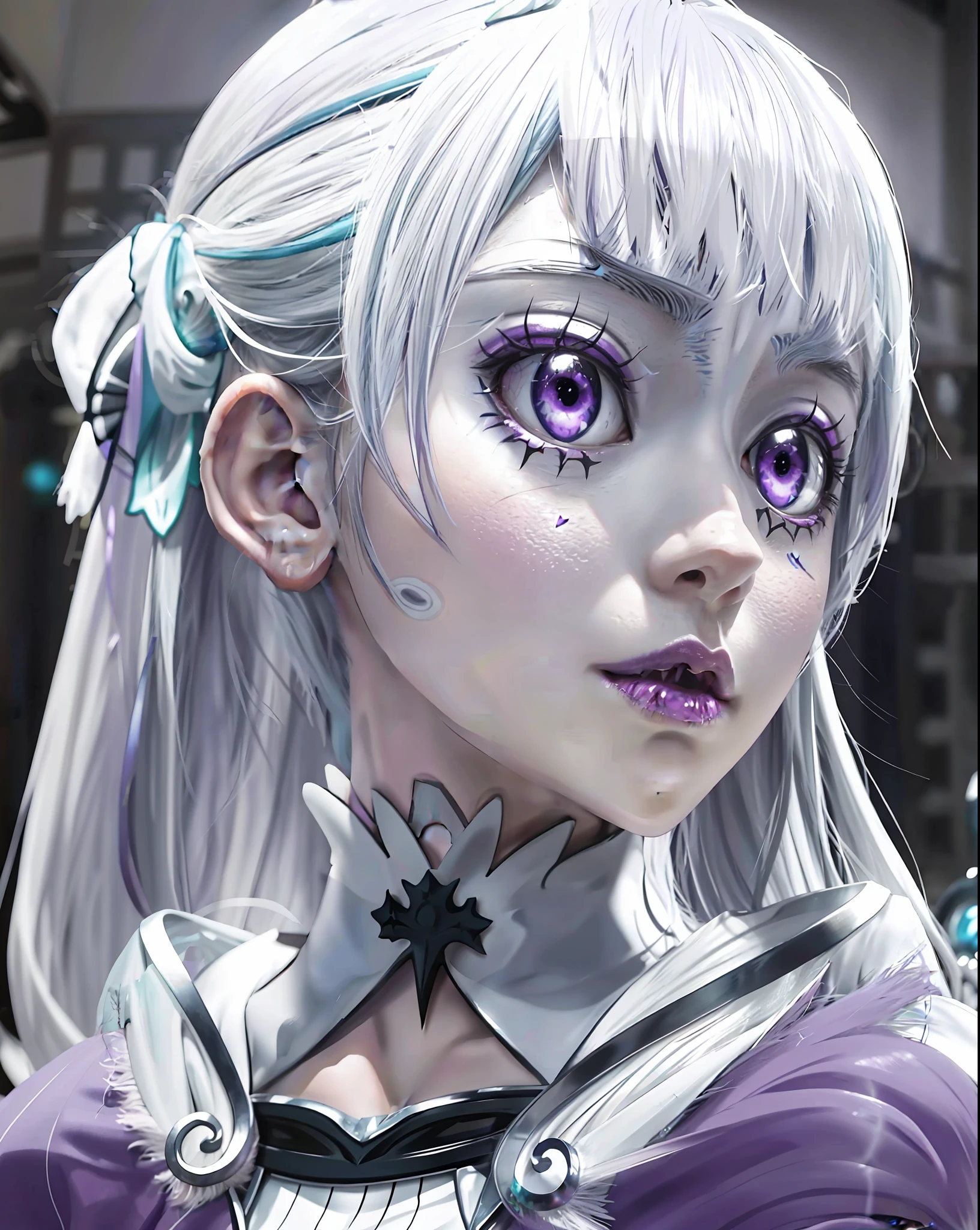 Anime girl with purple eyes and white hair with a bow - SeaArt AI