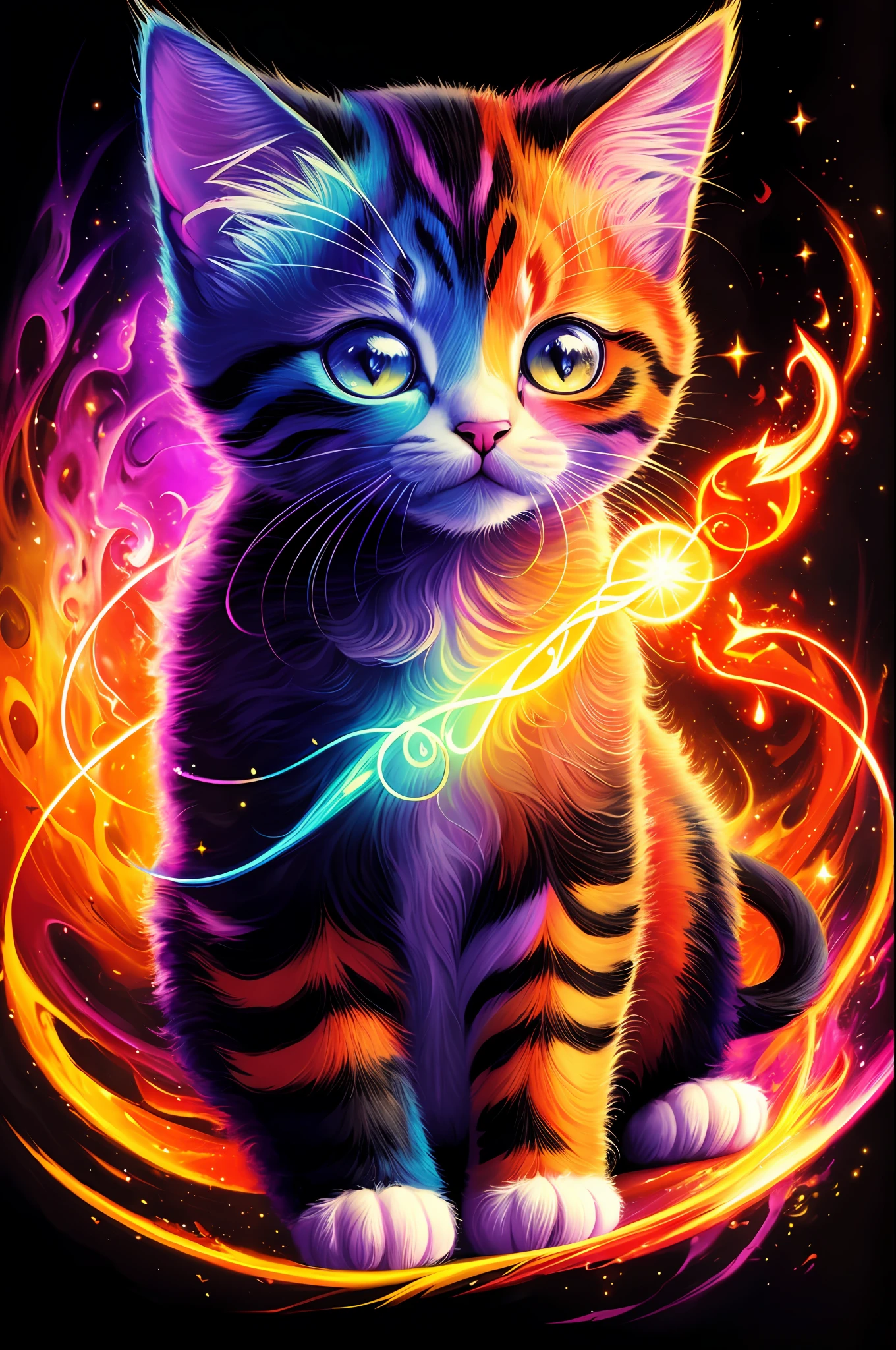 une peinture d&#39;un chaton coloré sur fond noir,, rendu époustouflant, dans une connexion rayonnante, inspiré de Kinuko Y. Artisanat,, éléments magiques, icône de chaton, Ouah, est beau, lancer un sort multicolore, bright éclair, éclair