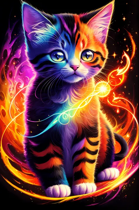 a painting of a colorful kitten on a black background,, breathtaking rendering, within a radiant connection, inspired by Kinuko ...