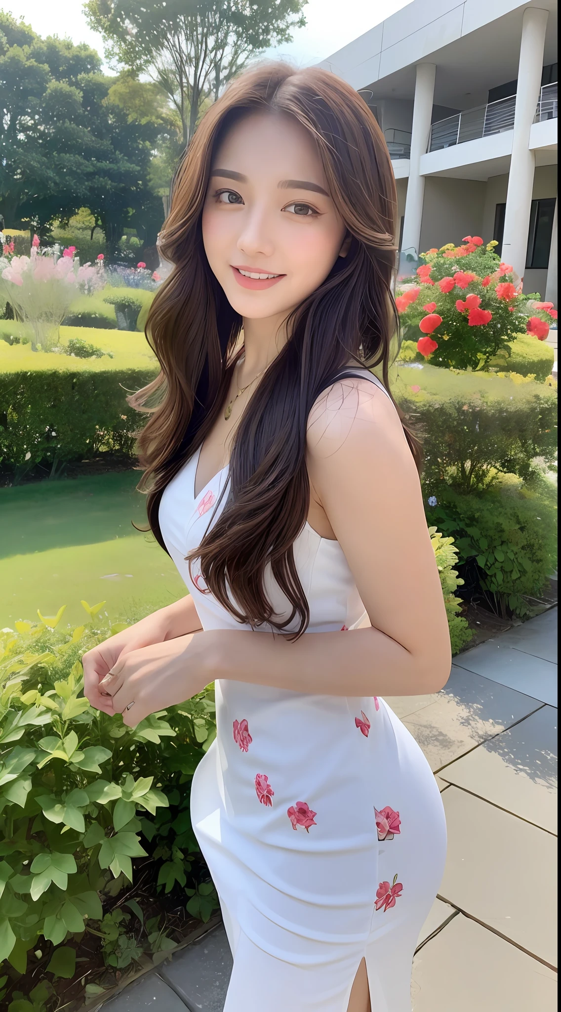 ((Top Quality, 8k, Masterpiece: 1.3)), Focus: 1.2, Perfect Body Beauty: 1.4, Buttocks: 1.2, (Delicate Long Hair)), (Dress: 1.1), (Sports Car, Street: 1.2), Highly Detailed Face and Skin Texture, Fine Eyes, Double Eyelids, Whitened Skin, Smile, Necklace, Date, Her, Flower Garden