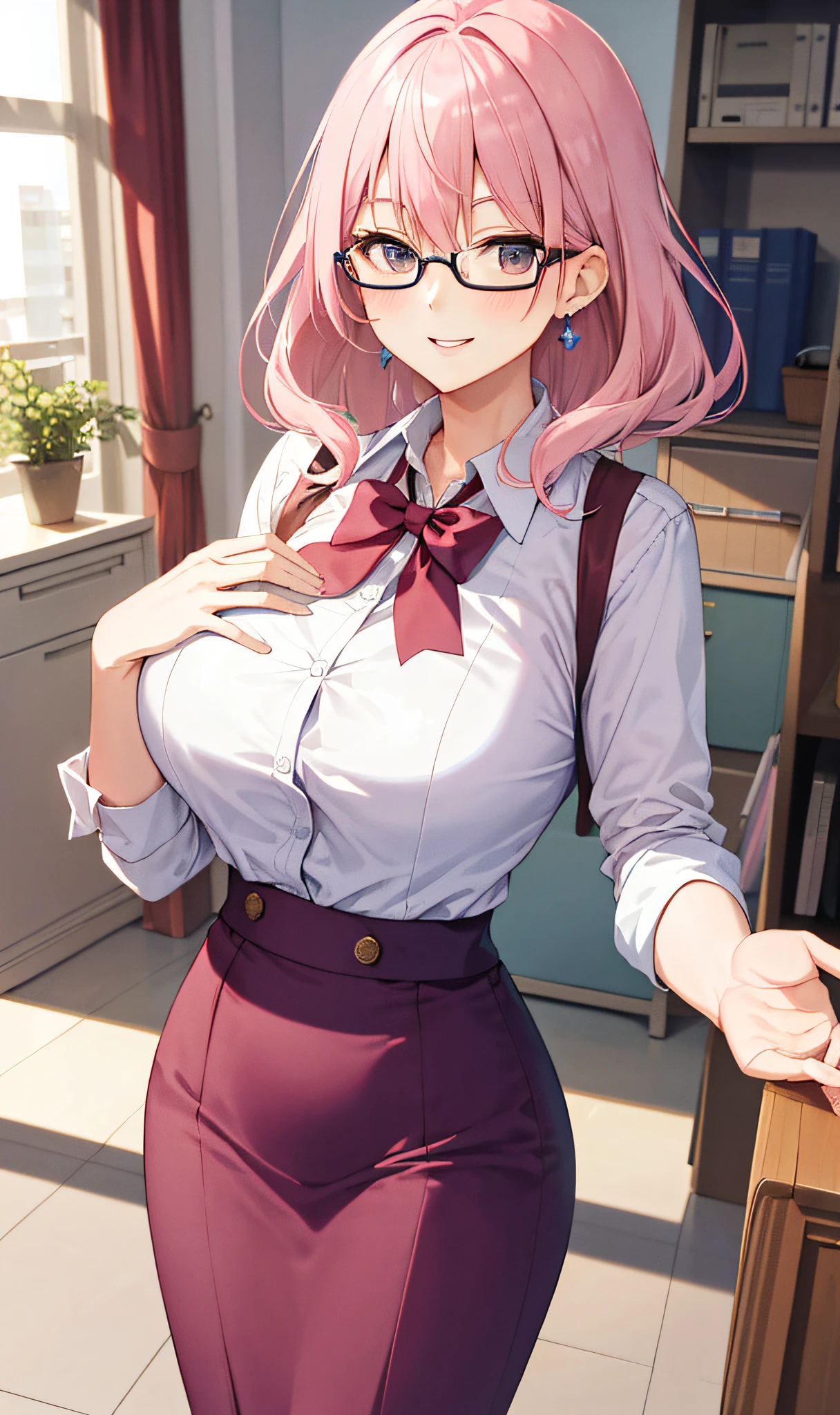 ((masterpiece, best)), (1girl), (mature woman), light pink hair, open-chest seduction, flared, ((office lady)), bangs, big breasts, glasses lady, (full), slim, smile, [wide hips], office, standing, aru \ (blue file), 8K quality,