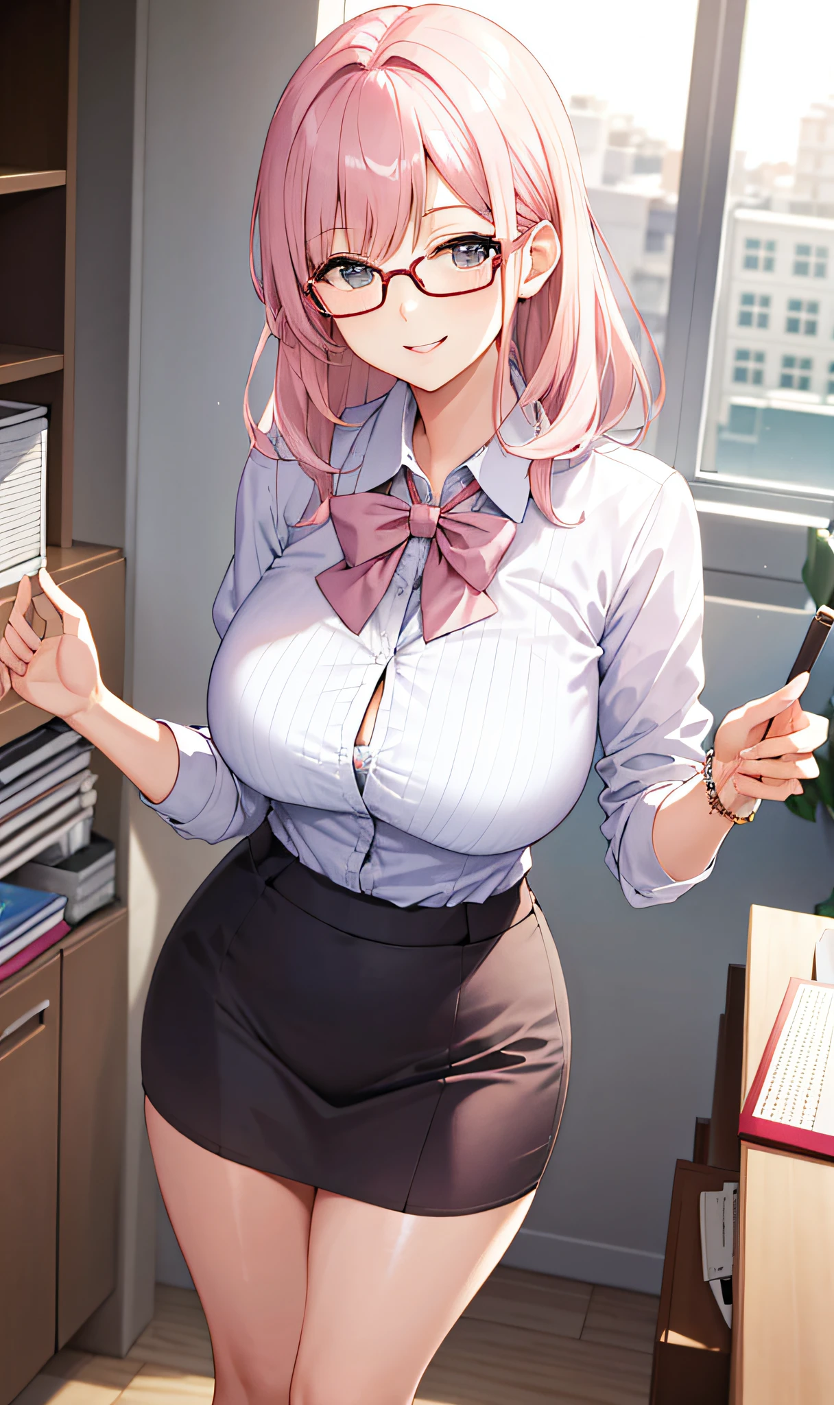 ((masterpiece, best)), (1girl), (mature woman), light pink hair, open-chest seduction, flared, ((office lady)), bangs, big breasts, glasses lady, (full), slim, smile, [wide hips], office, standing, aru \ (blue file), 8K quality,