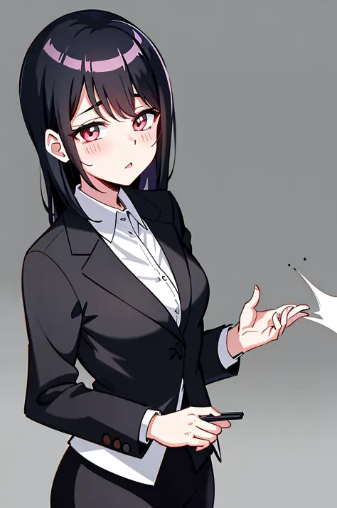 Cute adult office lady, black hair, Japan person, wearing suit, in the style of soft color palette Aurora Punk, her anime illust...