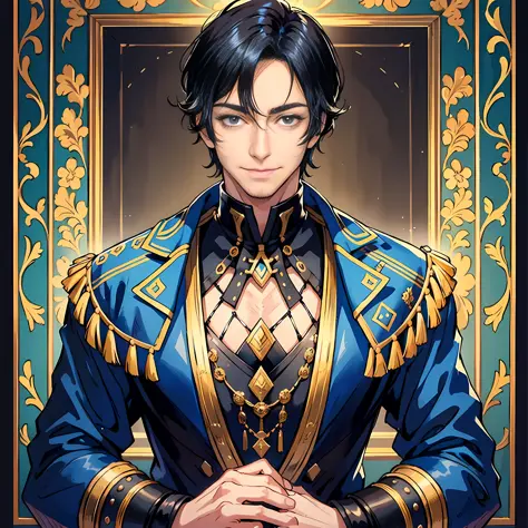 1 man, handsome, black hair, blue pupils, smile, holding unplanned, flattering expression in his hand, surrealism