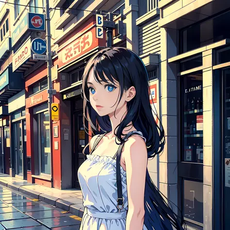 1 woman, delicate face, black hair, blue pupils, white dress, thinking, standing on the street, surrealism