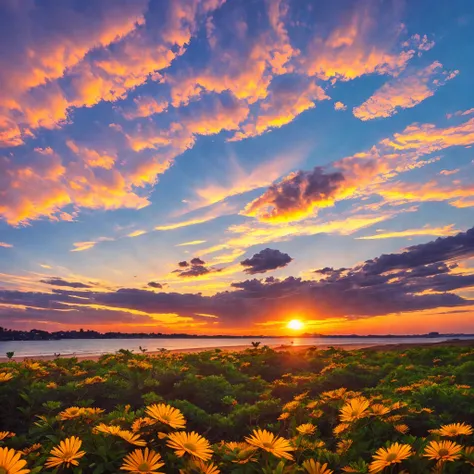 Below the horizon is full of colorful hydrangeas, on the horizon is the ...