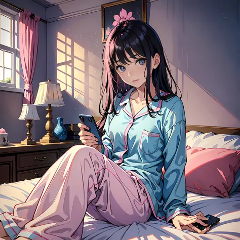 1 woman, delicate face, black hair, blue pupils, pink pajamas, sitting on bed, holding a mobile phone, facing the camera, thinki...