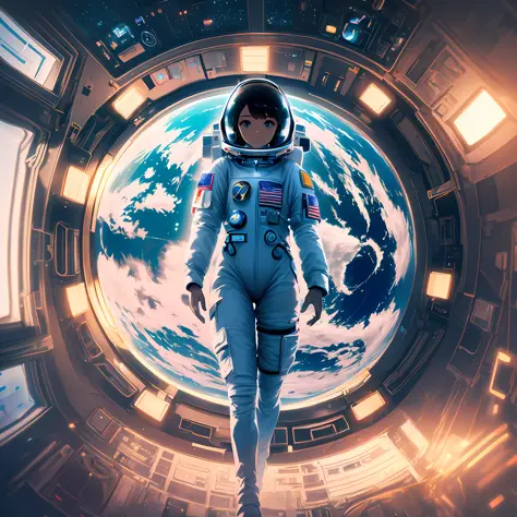 digital art, (beautiful woman, astronaut clothes), (floating inside a spaceship, window with view of the earth in the background...