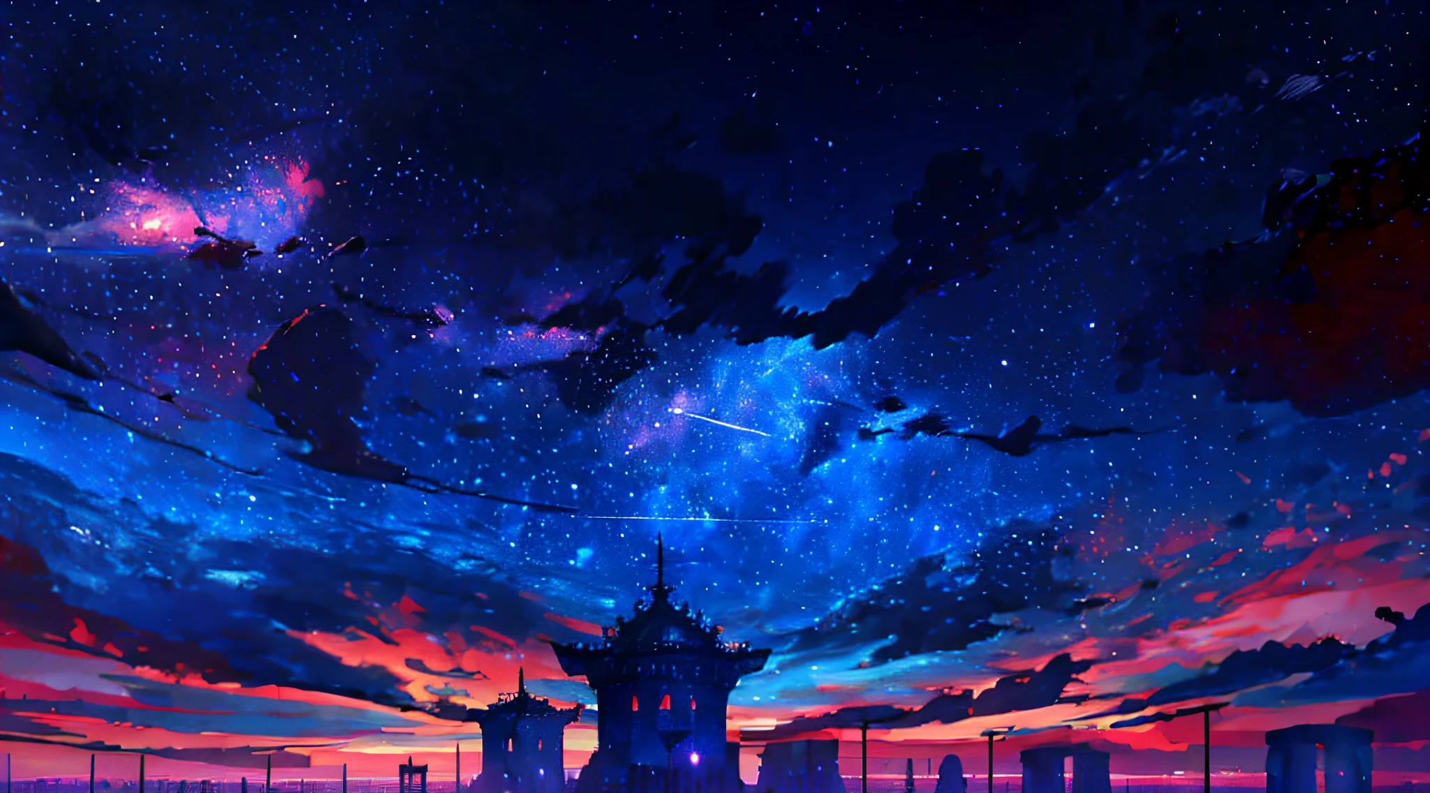 towers of god, blue towers, violet, blue, red, god, red sky, violet sky, starry sky, stars, starry towers, starry god, light blue, civilization, order