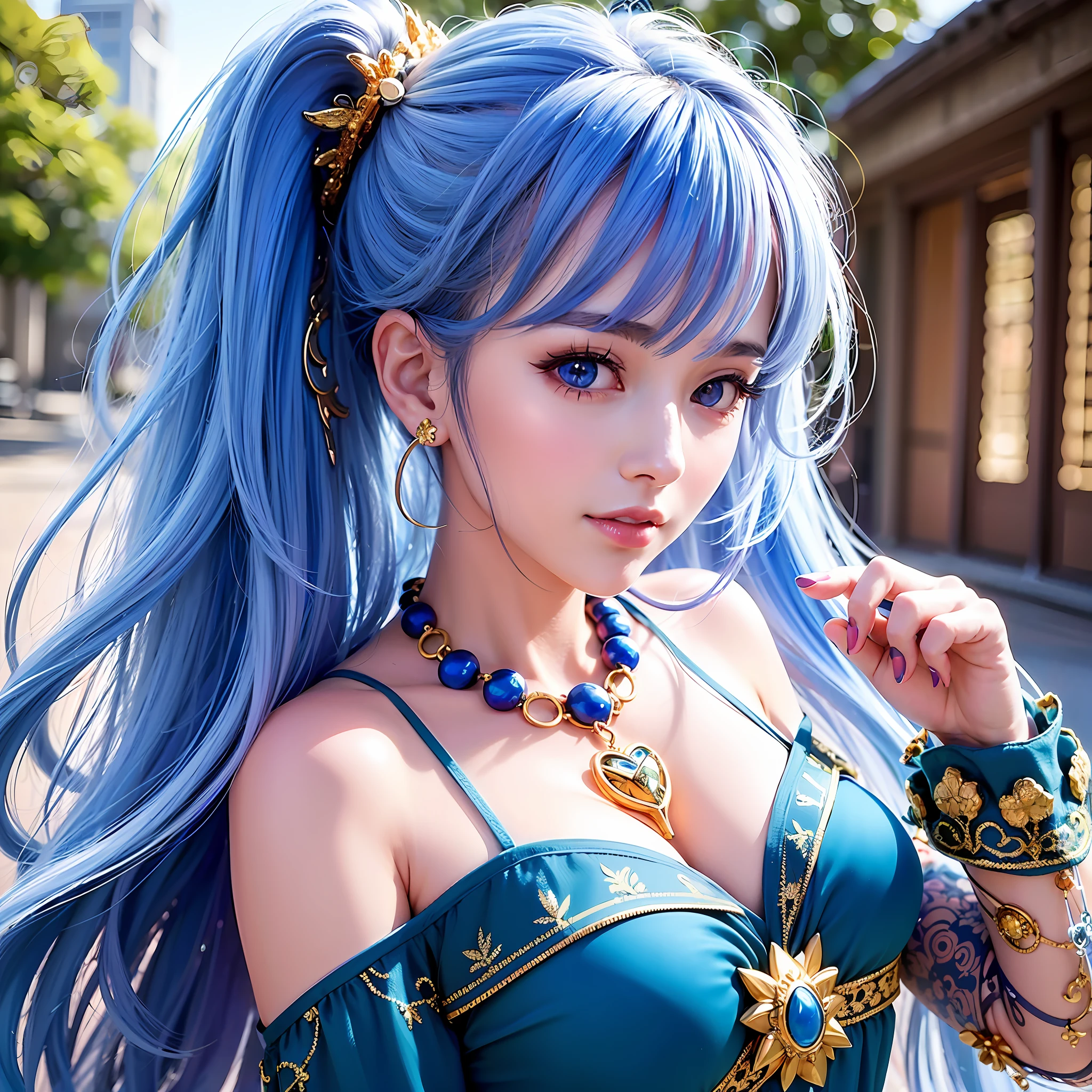 unparalleled masterpiece, ultra realistic 8k CG, perfect artwork, ((perfect female figure)),1girl, (ulzzang-6500:1), kpop idol, best quality, (looking at viewer:2),game cg,\nblurry background,outdoors,((( large breast,upper body,smile))) Sona \\(league of legends\\), blue hair, blue eyes, gradient hair, collarbone, twintails, hair ornament, long hair, blue dress, breasts, close-up, portrait,hair ornament,necklace, jewelry,gold trim on clothes,Beautiful face,