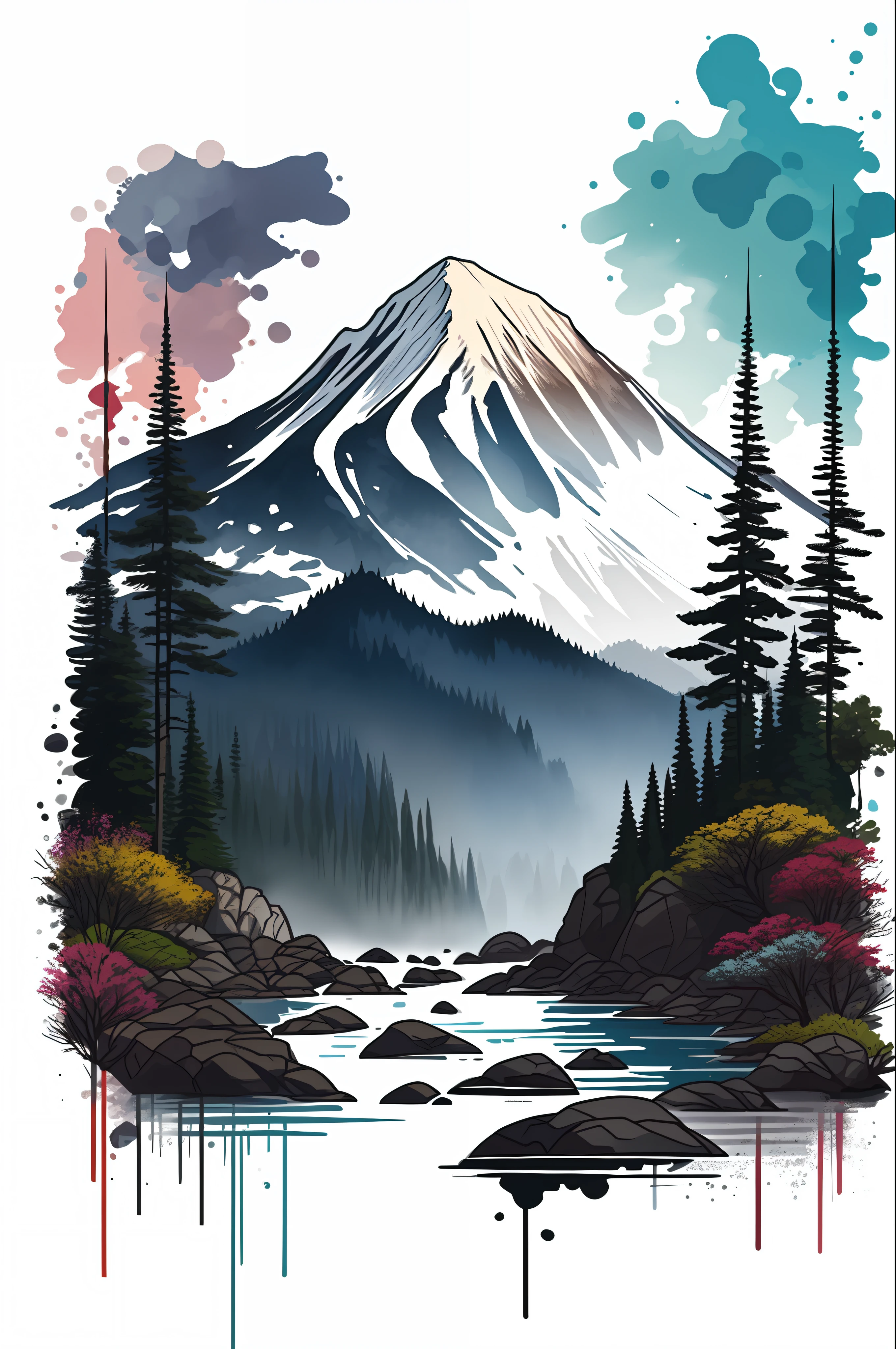 Fondo blanco, paisaje, pintar, montañas, agua, árboles, diseño de camiseta, vector art