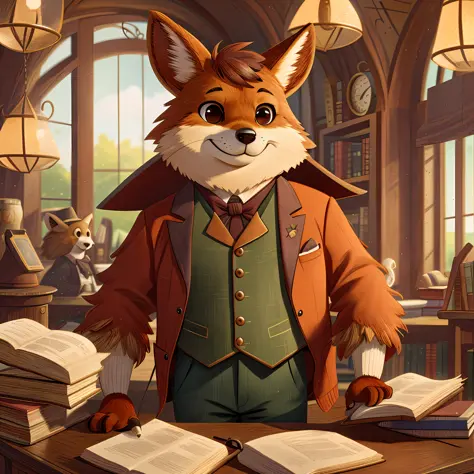 a coyote wearing a Victorian suit, in library, masteriece, 8k resolution
