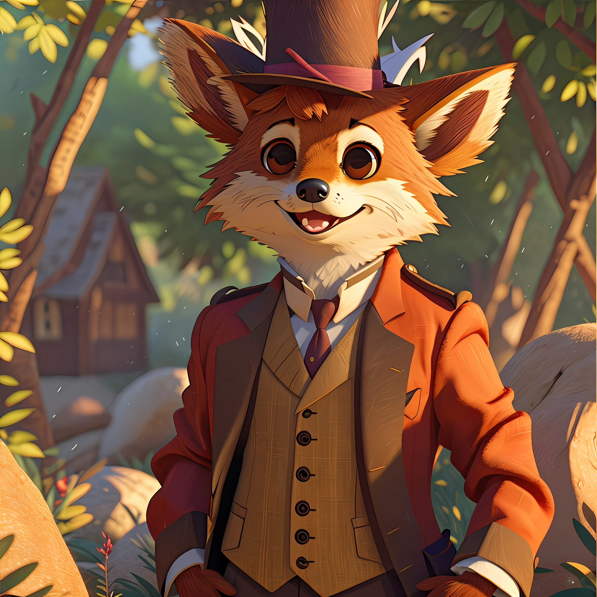 masterpiece, 8k resolution], (a coyote wearing a victorian suit), [surprised expression], [athletic thin body]
