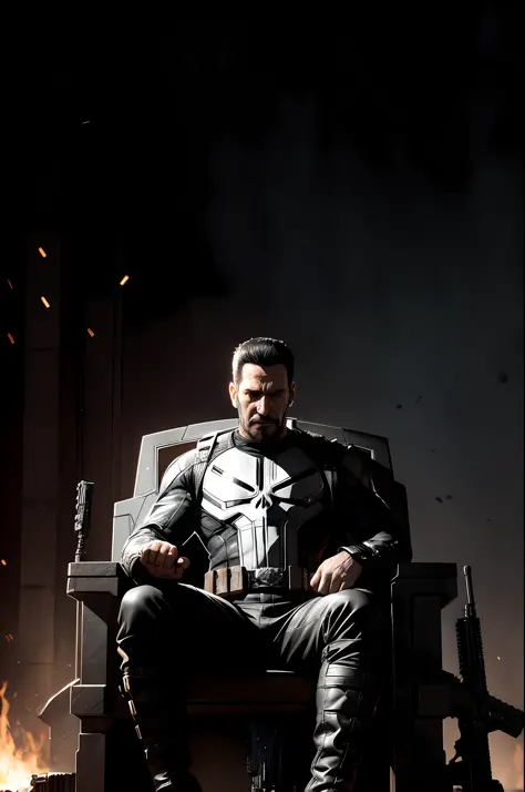 Marvel Comics, punisher sitting on a throne made of rifle bullets, realistically, black clothes, dynamic lights, full footage, (extremely detailed 8k wallpaper of the CG unit), trend in ArtStation, trend in CGSociety, high detail, sharp focus, dramatic, ph...